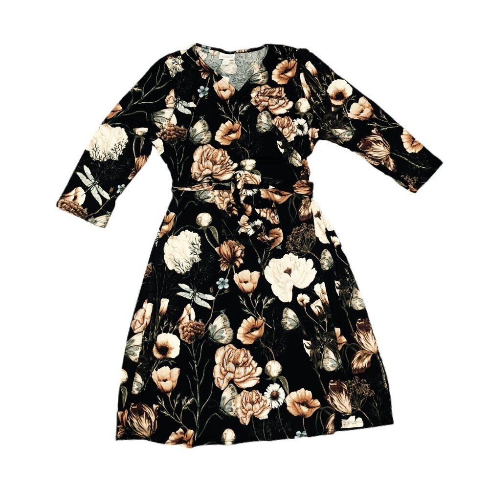 NEW L LuLaRoe Michelle True Wrap‎ Dress Brown Floral Fall 3/4 Sleeve Tie Waist